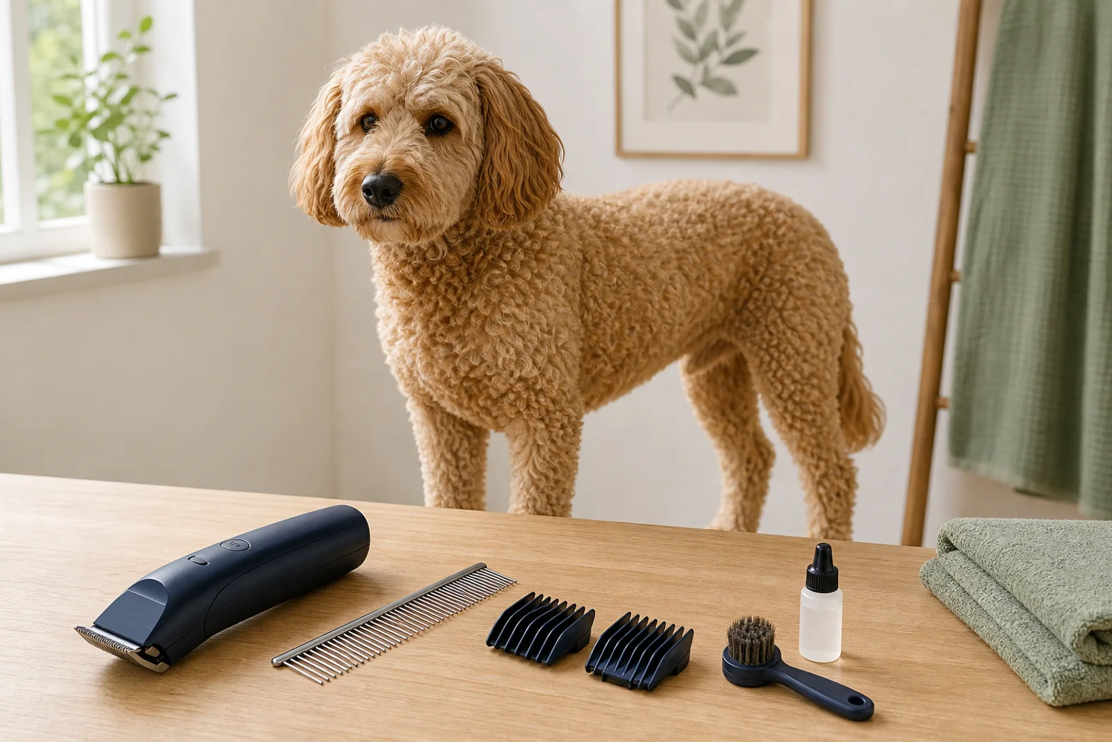 A calm curly-coated dog beside clippers, guards, oil, and a grooming brush on a clean table