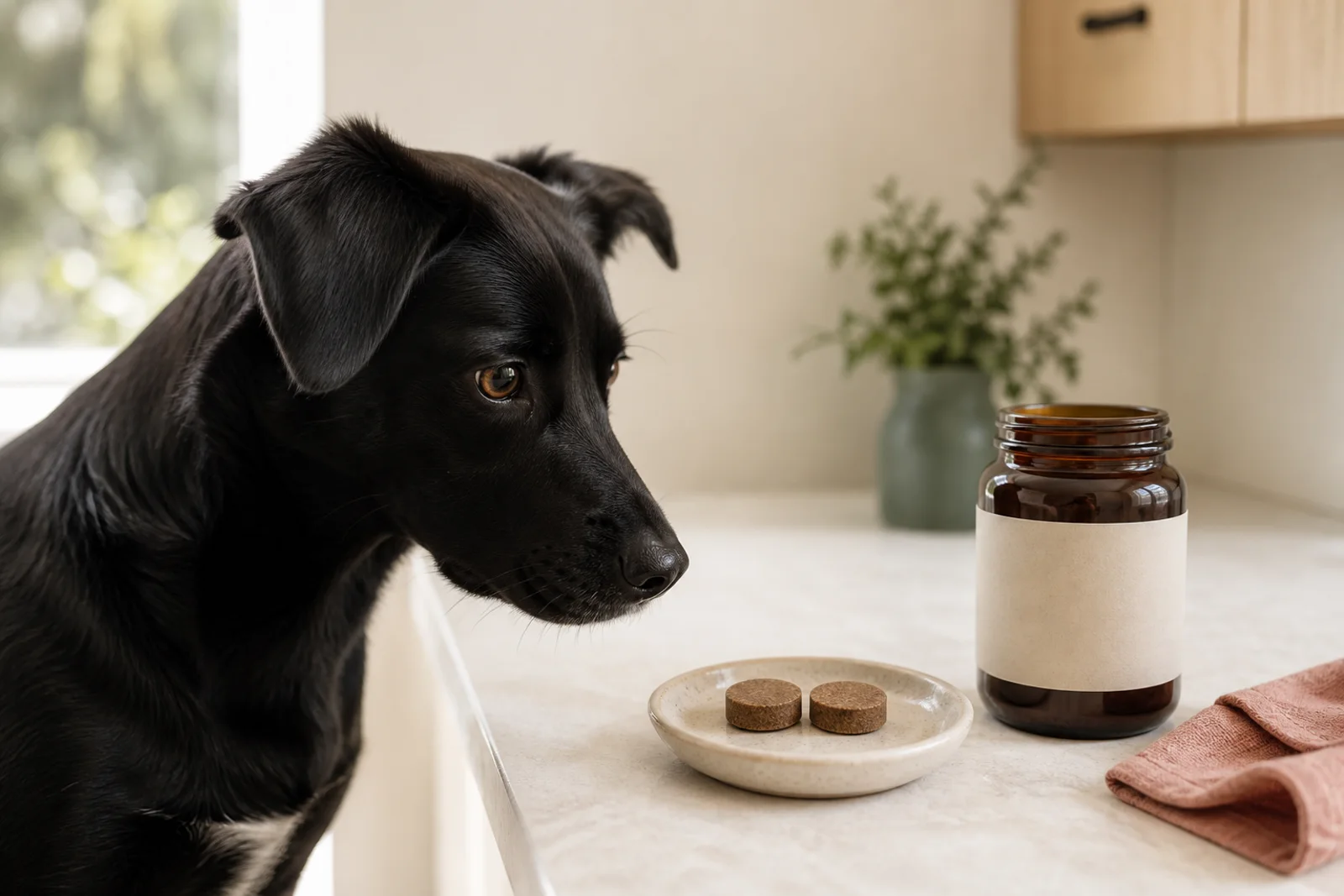 A curious dog beside an unbranded jar of soft multivitamin chews on a kitchen counter