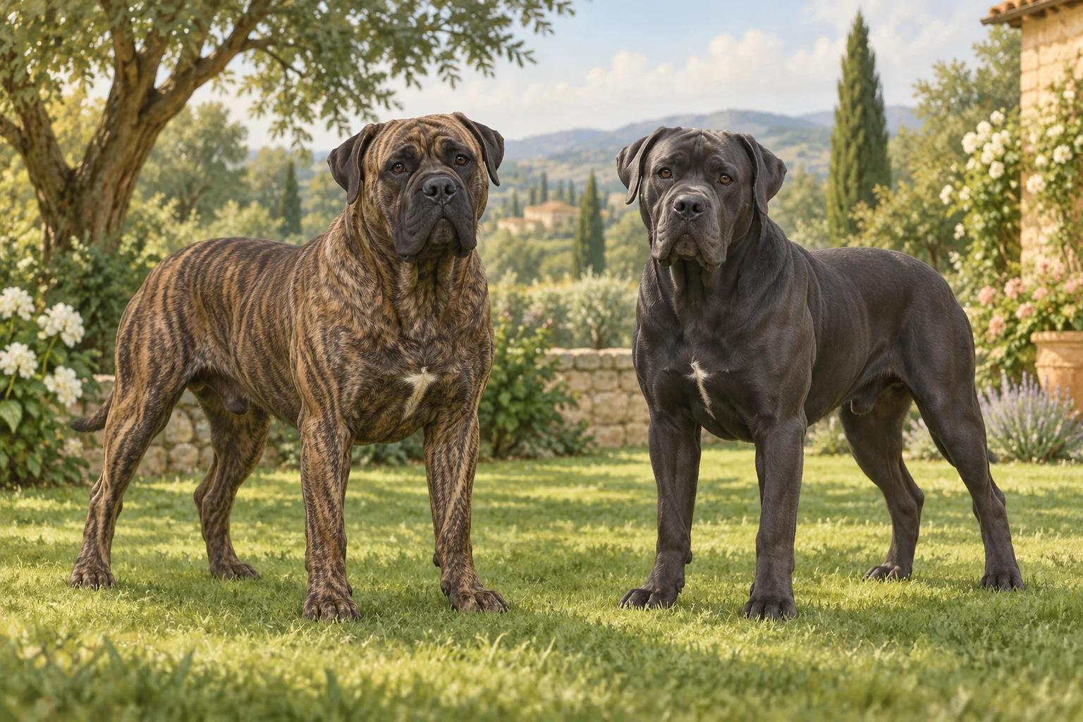 Illustration of a brindle Presa Canario and a charcoal Cane Corso standing calmly in a garden