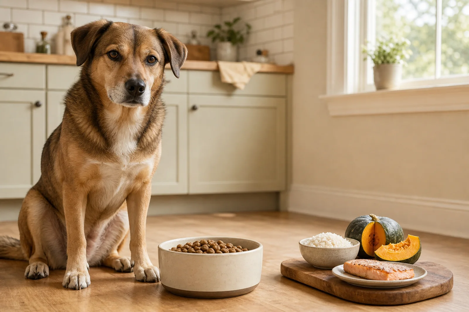 A bowl of salmon-and-rice dog food beside measured ingredients in a bright kitchen